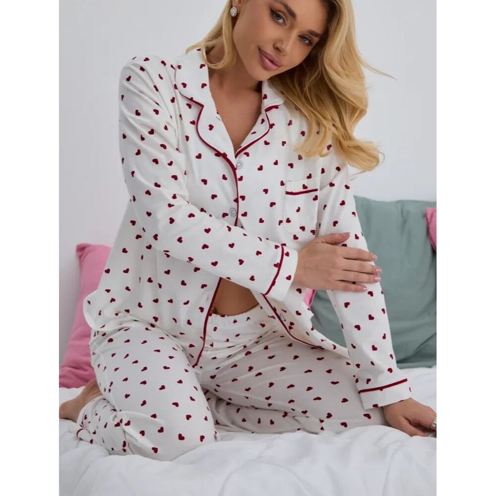 Womens M White Heart Print Pajama Set Button Up Long Sleeve Shirt Pants Casual
